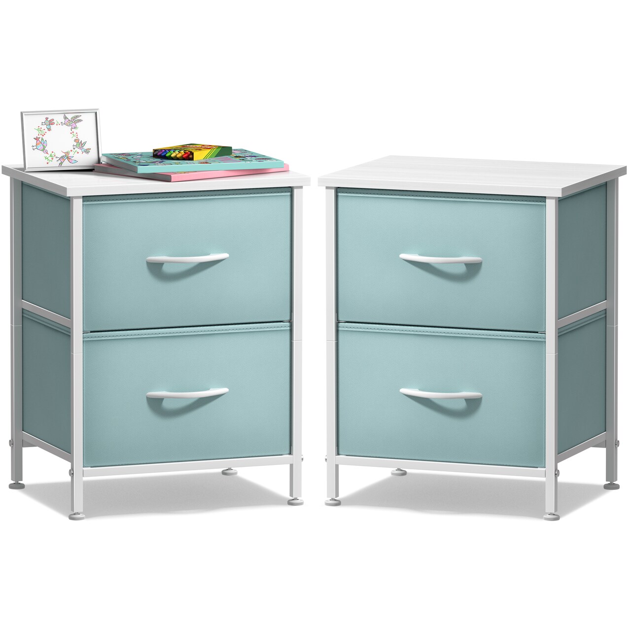 Sorbus Nightstand with 2 Drawers - Steel Frame, Wood Top & Easy Pull Fabric Bins - Great for Home, Bedroom, Office & College Dorm (2 Pack)